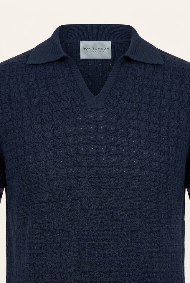 Waffled Short Sleeve Polo Shirt - Navy - Detail