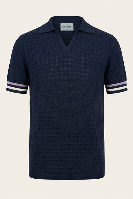 Waffled Short Sleeve Polo Shirt - Navy - Front
