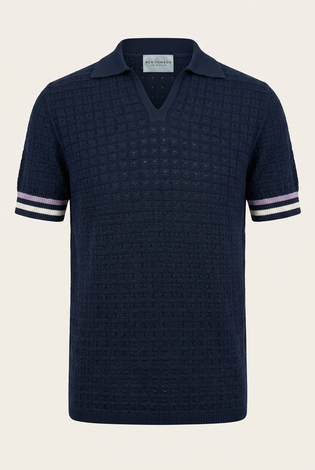 Waffled Short Sleeve Polo Shirt - Navy - Front