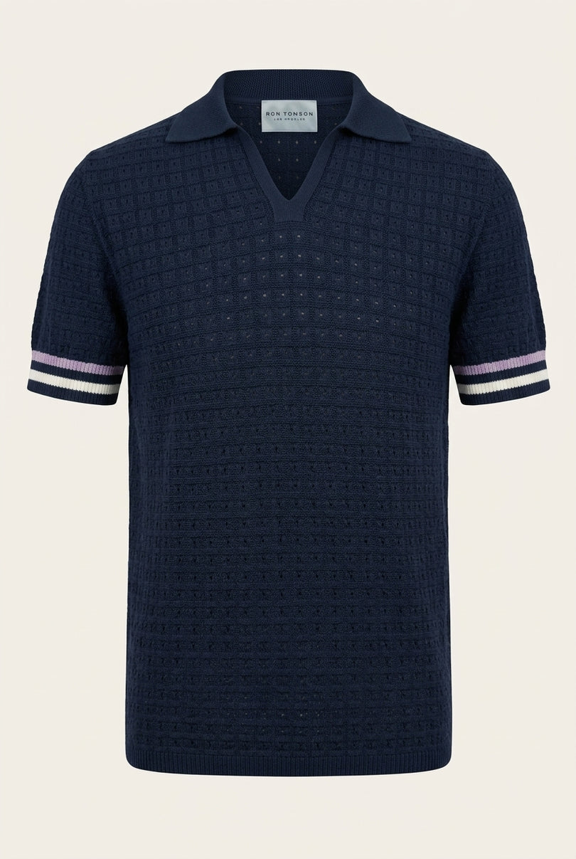 Waffled Short Sleeve Polo Shirt - Navy - Front