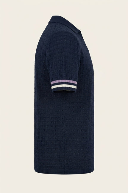 Waffled Short Sleeve Polo Shirt - Navy - Side