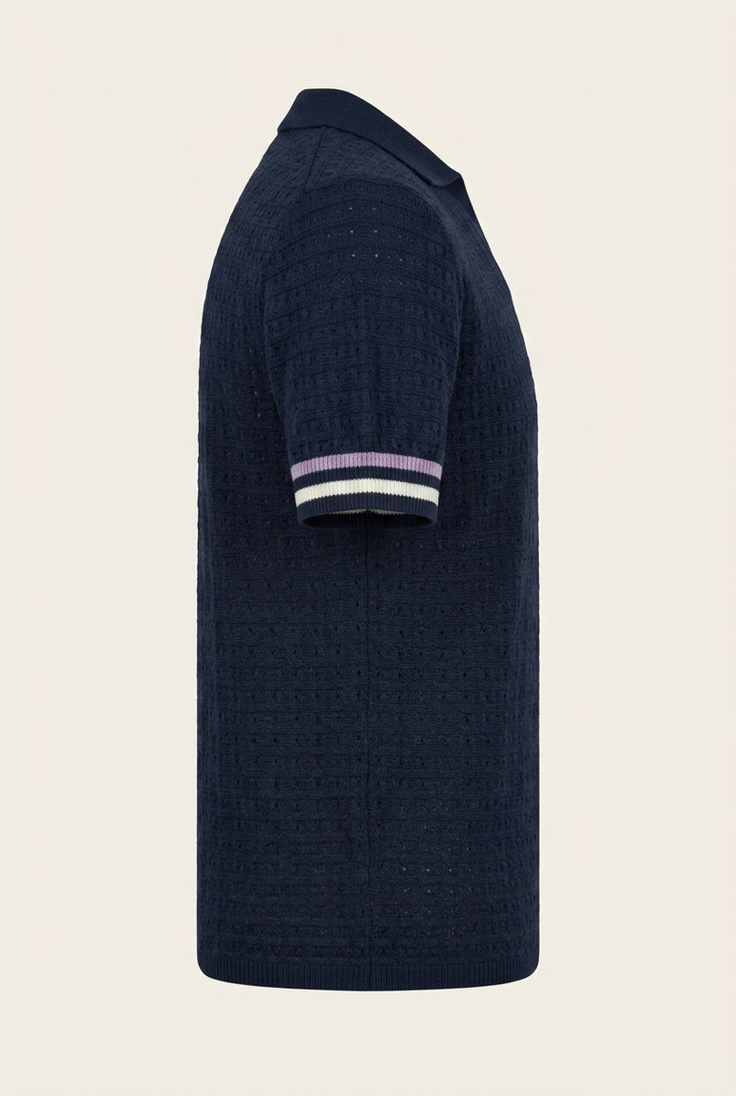 Waffled Short Sleeve Polo Shirt - Navy - Side