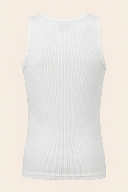 Ribbed Elastic Cotton Tank Top - White - Back