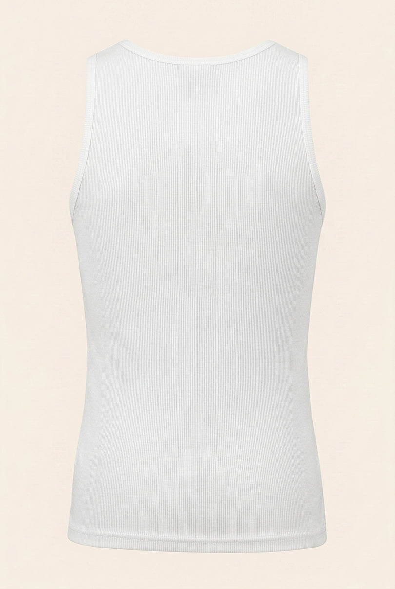 Ribbed Elastic Cotton Tank Top - White - Back