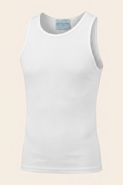 Ribbed Elastic Cotton Tank Top - White - Front