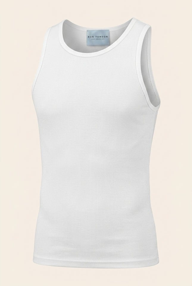 Ribbed Elastic Cotton Tank Top - White - Front