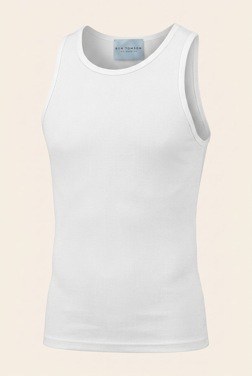 Ribbed Elastic Cotton Tank Top - White - Front