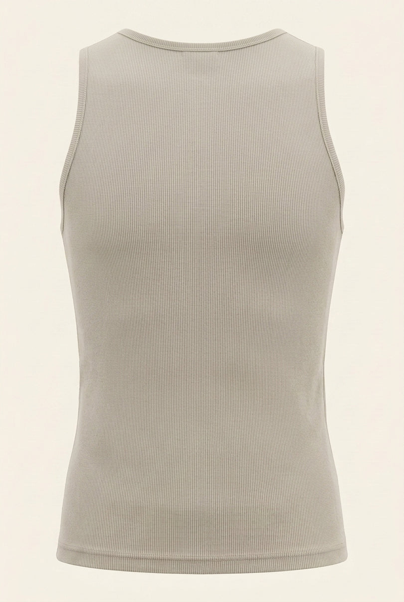 Ribbed Elastic Cotton Tank Top - Beige - Back