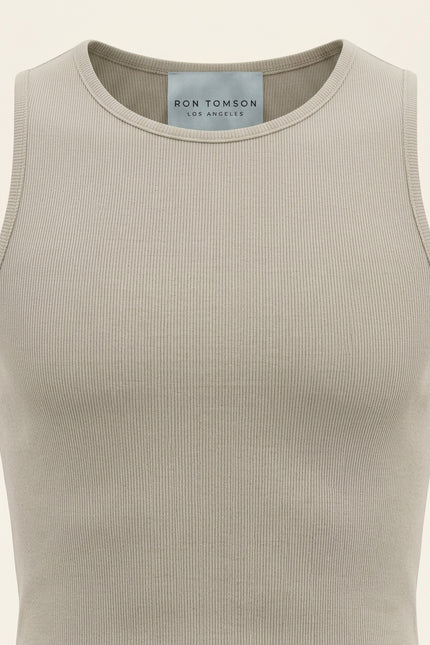 Ribbed Elastic Cotton Tank Top - Beige - Detail