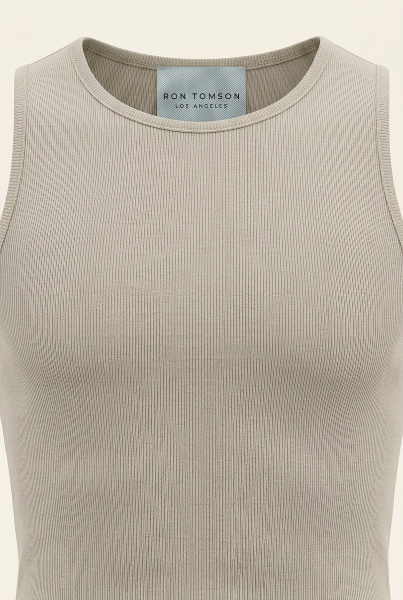 Ribbed Elastic Cotton Tank Top - Beige - Detail