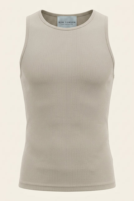 Ribbed Elastic Cotton Tank Top - Beige - Front