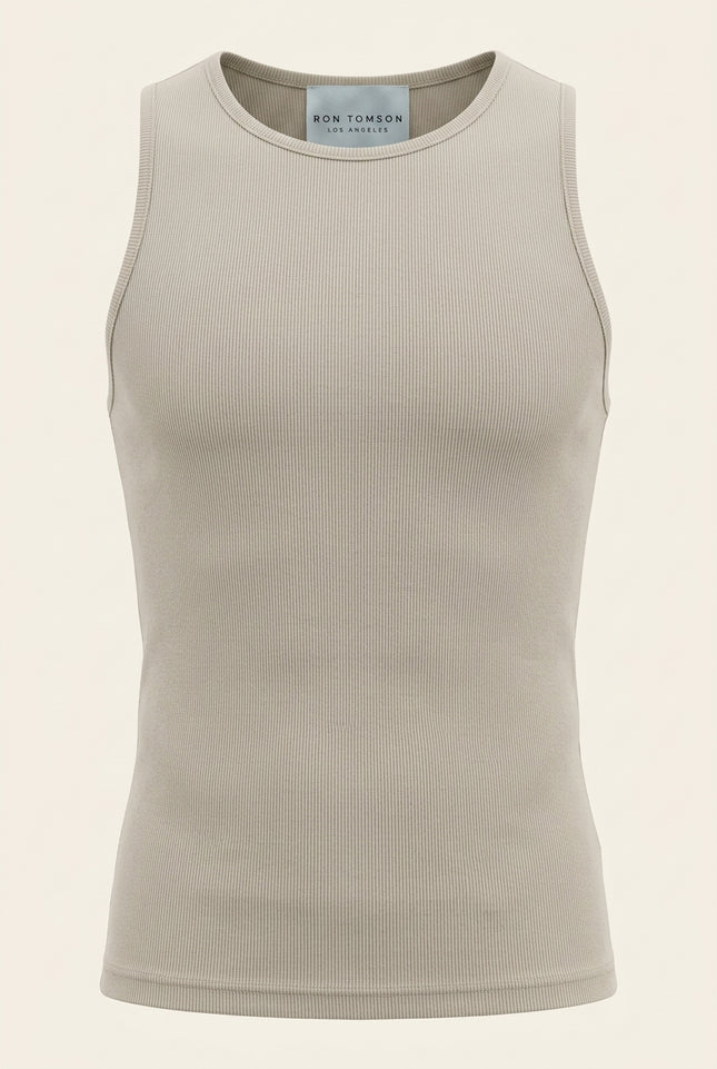 Ribbed Elastic Cotton Tank Top - Beige - Front
