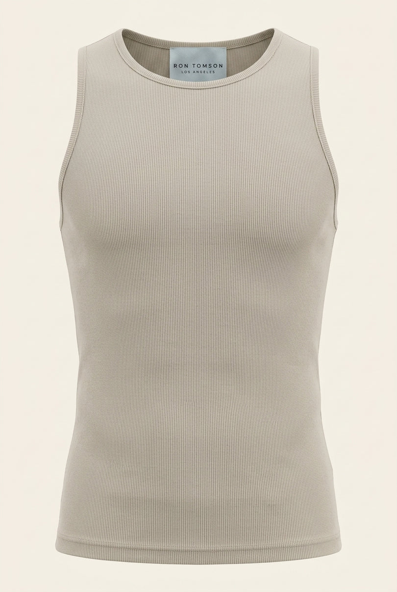 Ribbed Elastic Cotton Tank Top - Beige - Front