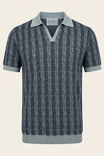 Textured Knit Polo Shirt - Navy - Front