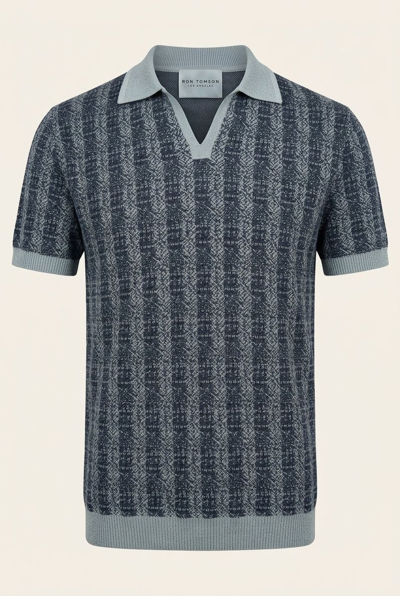 Textured Knit Polo Shirt - Navy - Front