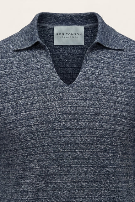 Horizontal Stripe Knit Polo Shirt - Navy - Detail
