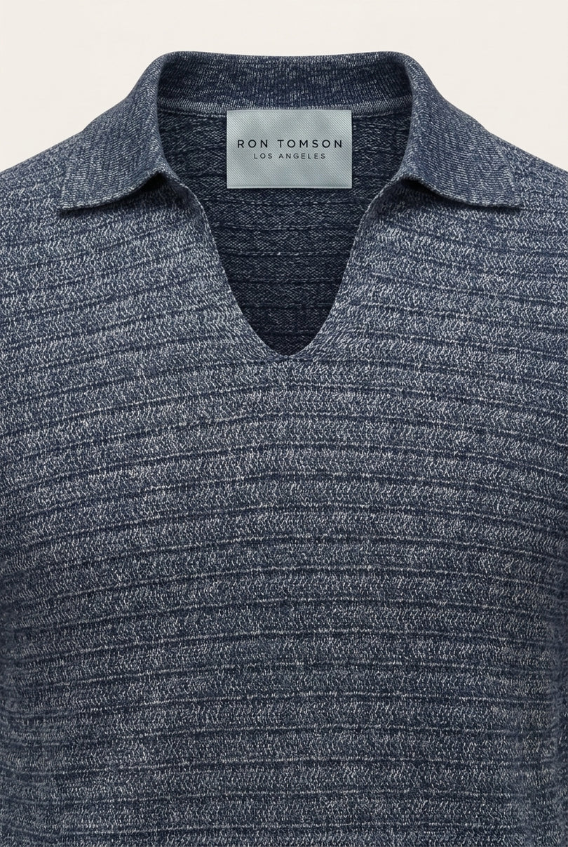 Horizontal Stripe Knit Polo Shirt - Navy - Detail