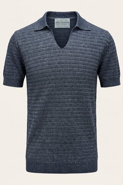 Horizontal Stripe Knit Polo Shirt - Navy - Front
