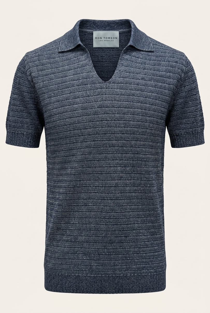 Horizontal Stripe Knit Polo Shirt - Navy - Front