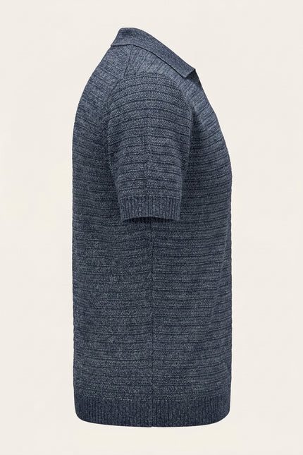 Horizontal Stripe Knit Polo Shirt - Navy - Side