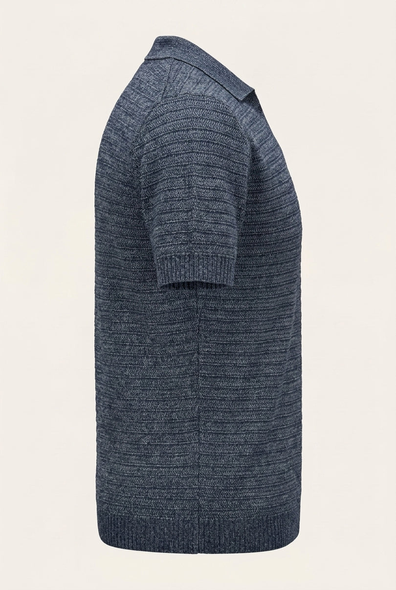 Horizontal Stripe Knit Polo Shirt - Navy - Side