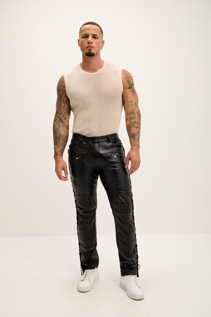 Men's Premium Lambskin Lace-Up Leather Pants - Black - Ron Tomson Los Angeles