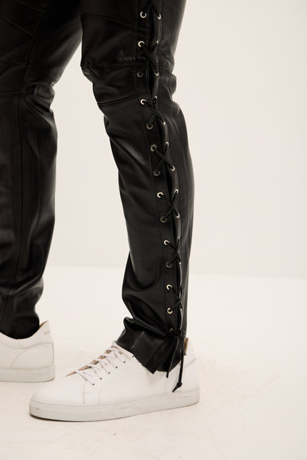 Men's Premium Lambskin Lace-Up Leather Pants - Black - Ron Tomson Los Angeles