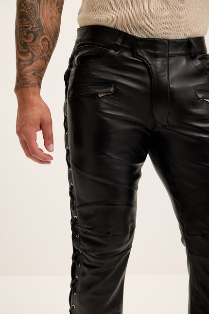 Men's Premium Lambskin Lace-Up Leather Pants - Black - Ron Tomson Los Angeles