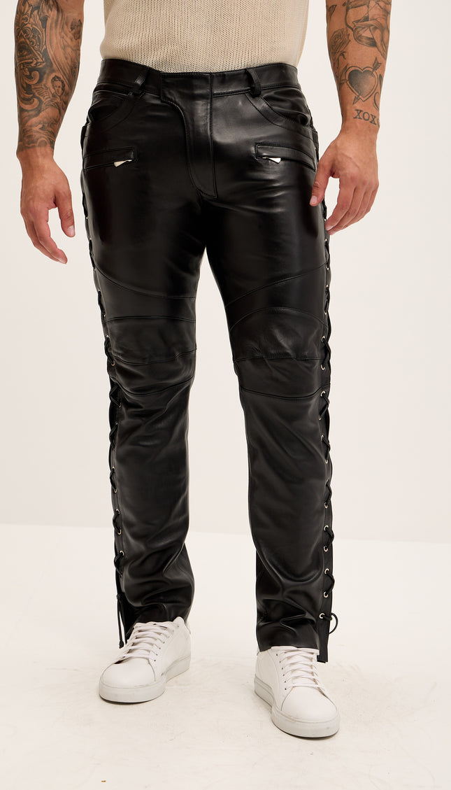 Premium Lambskin Lace-Up Leather Pants - Black