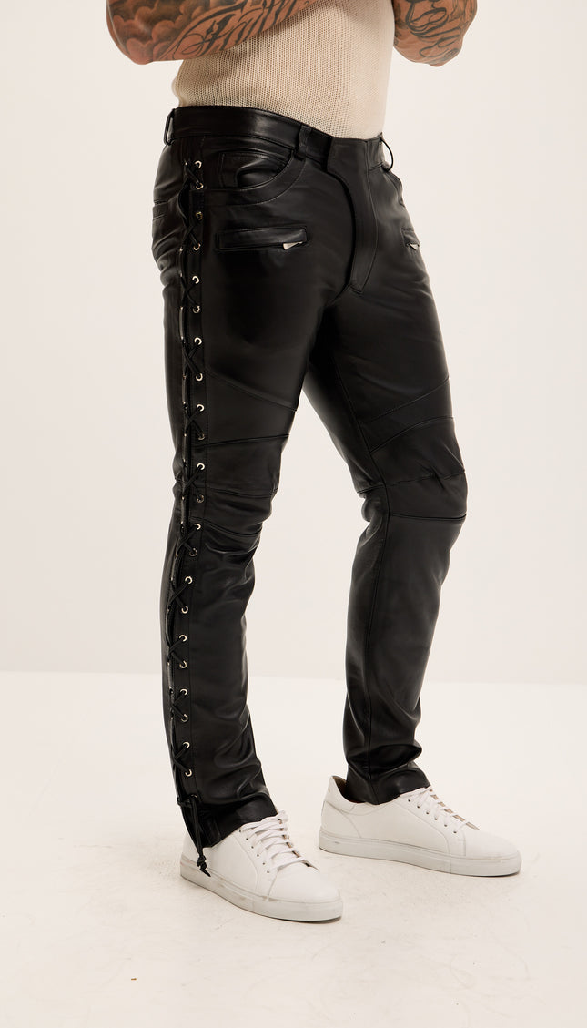 Premium Lambskin Lace-Up Leather Pants - Black