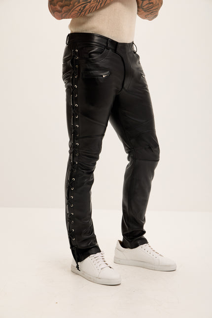Men's Premium Lambskin Lace-Up Leather Pants - Black - Ron Tomson Los Angeles
