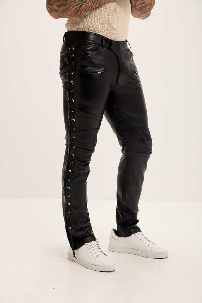 Men's Premium Lambskin Lace-Up Leather Pants - Black - Ron Tomson Los Angeles