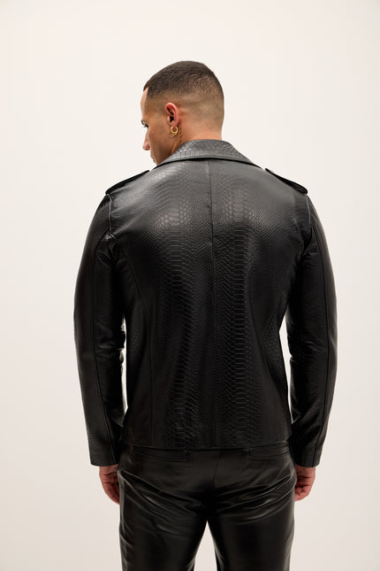 Men's Croc Embossed Zippered Moto Jacket - Black - Ron Tomson Leather