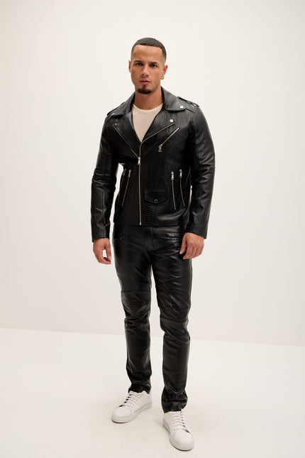 Men's Croc Embossed Zippered Moto Jacket - Black - Ron Tomson Leather