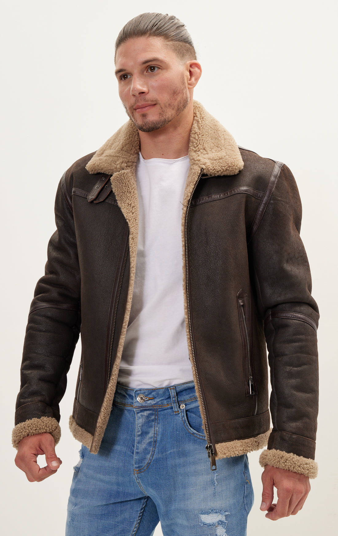 Кожаная куртка с подкладкой из овечьей шерсти - коричневый