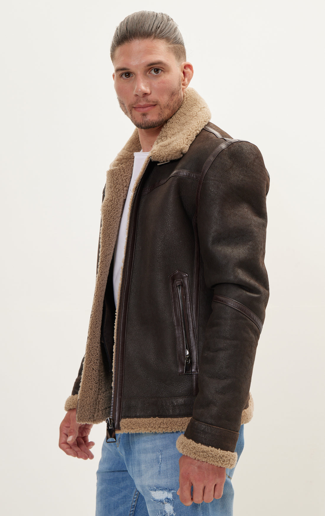 Кожаная куртка с подкладкой из овечьей шерсти - коричневый