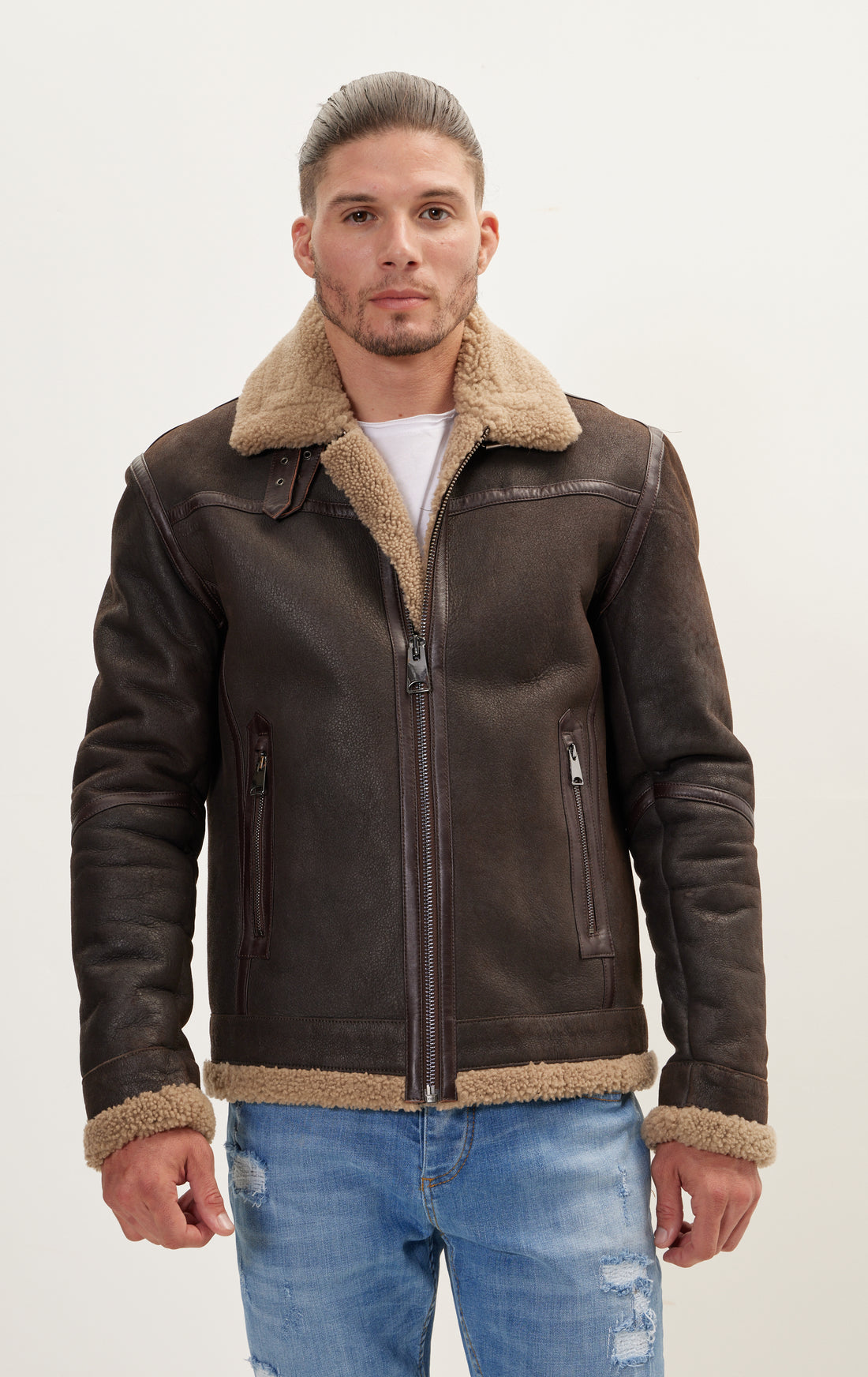 Shearling Lined Leather Jacket - Brown