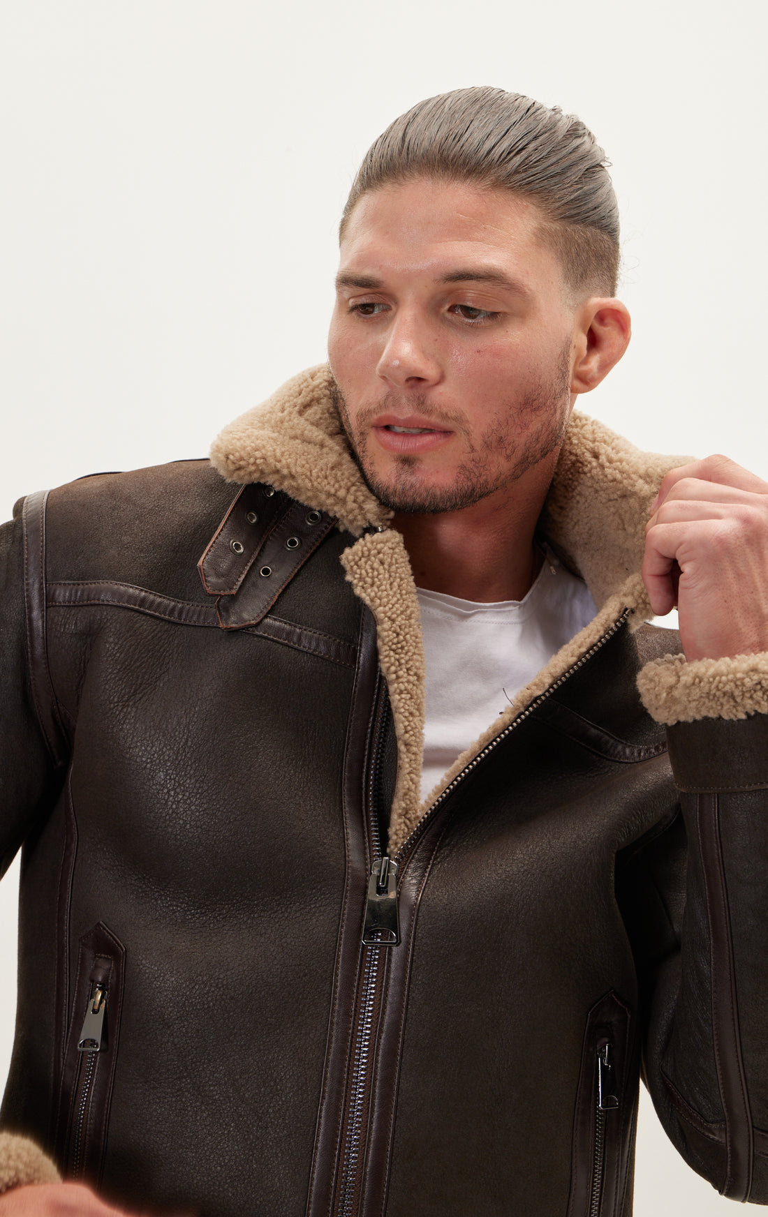 Shearling Lined Leather Jacket - Brown