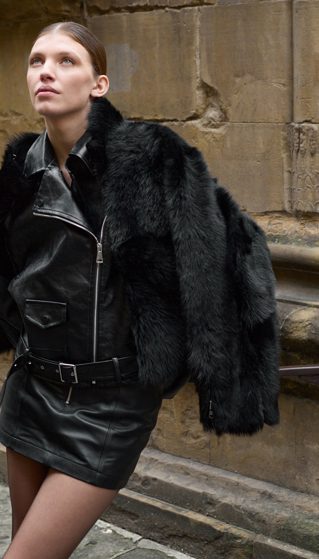 Oversized Belted Motorcycle Jacket - Black