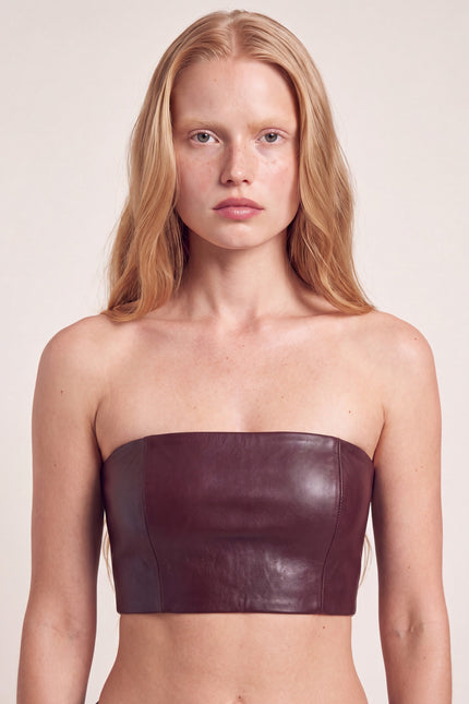 Lambskin Leather Bandeau Top - Burgundy - portrait
