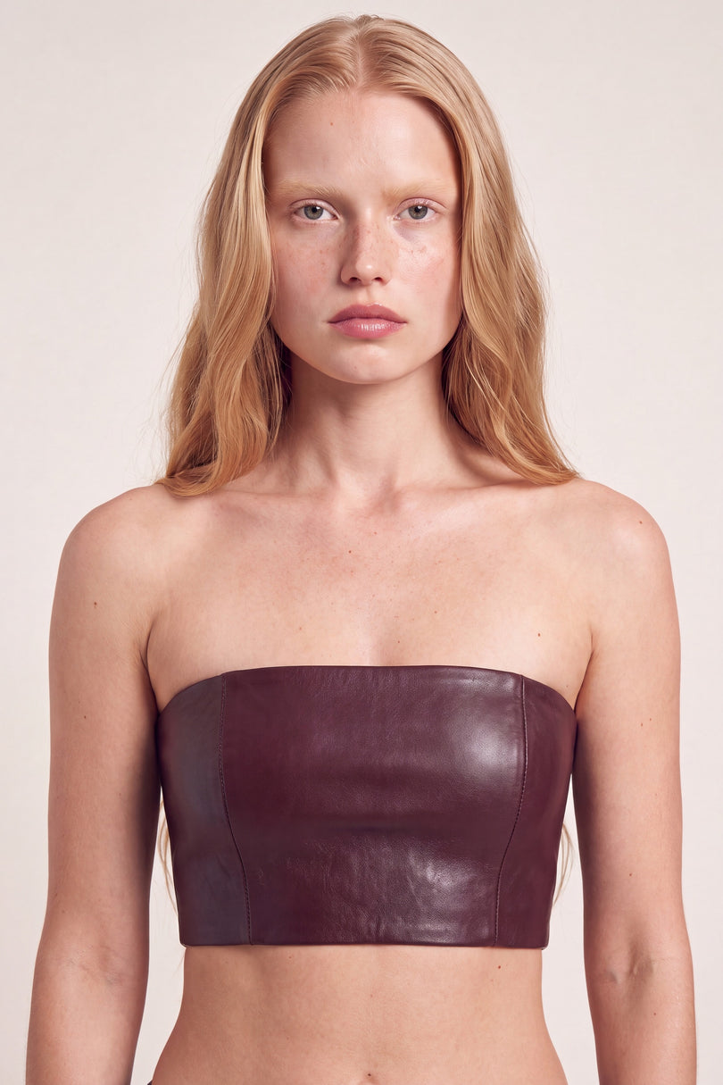 Lambskin Leather Bandeau Top - Burgundy - portrait