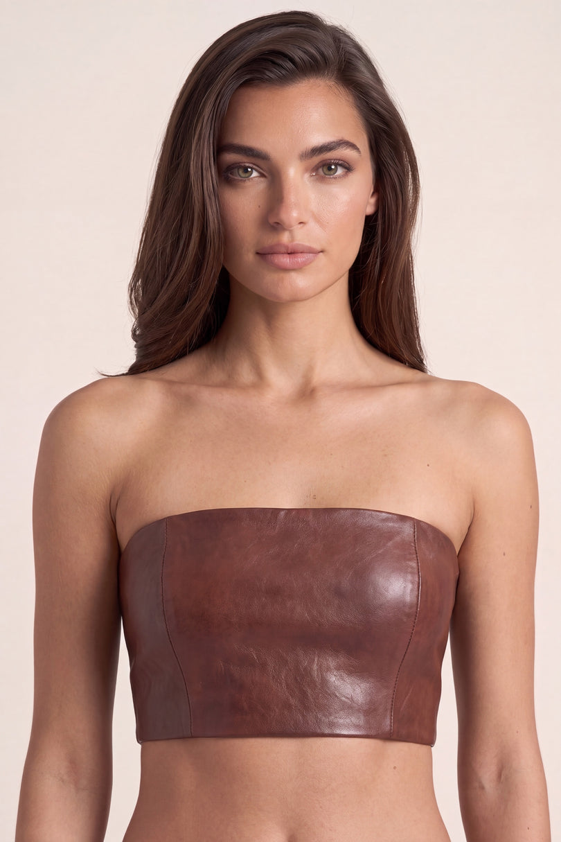 Lambskin Leather Bandeau Top - Chocolate