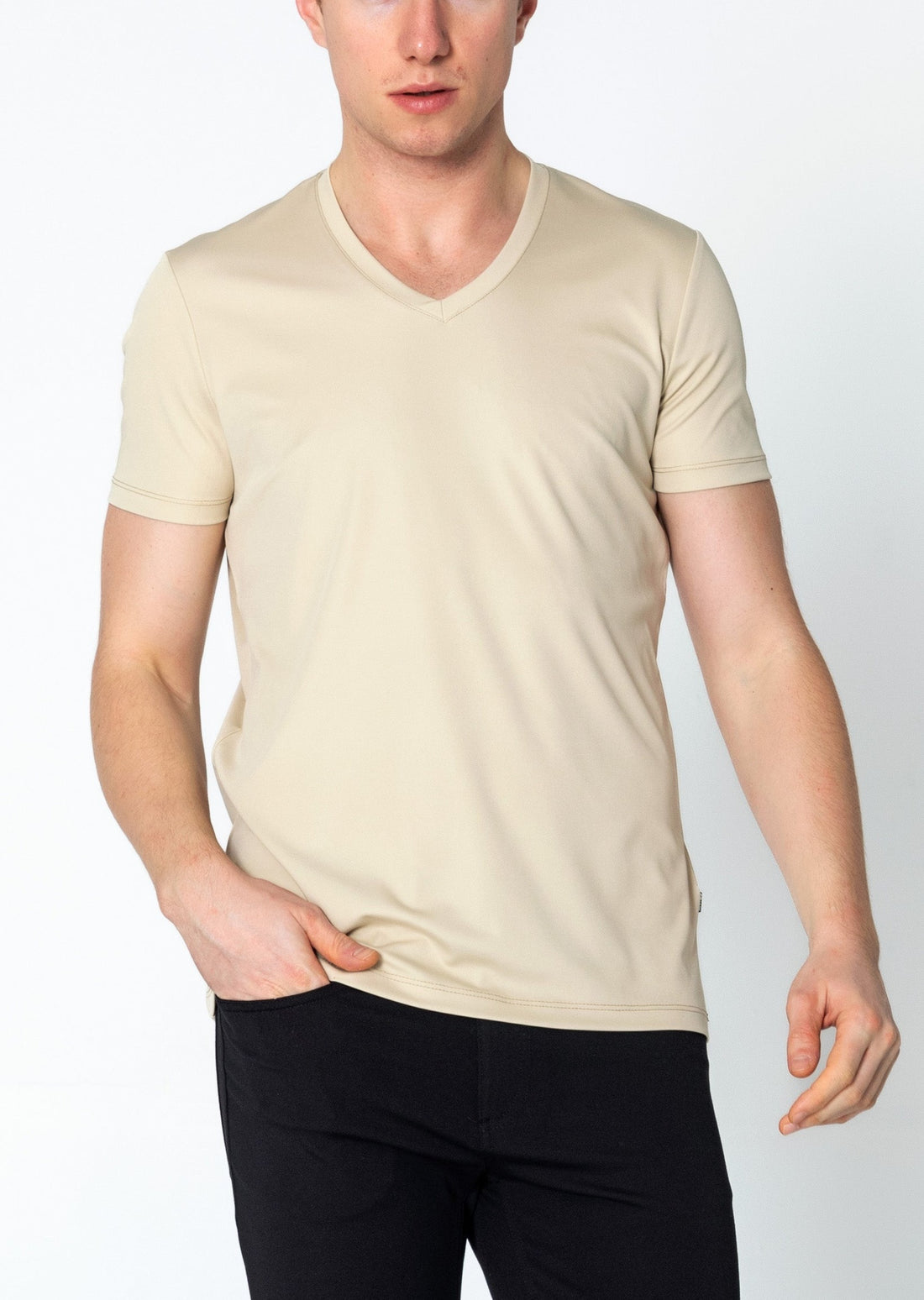 V-neck Fitted Sleeves T-shirt - Beige
