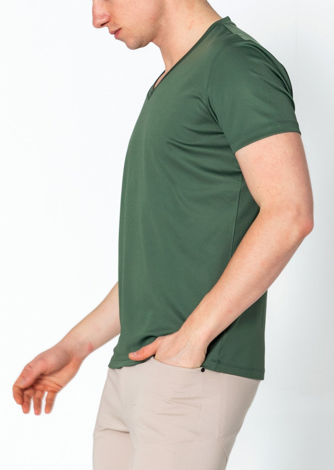 V-neck Fitted Sleeves T-shirt - Khaki