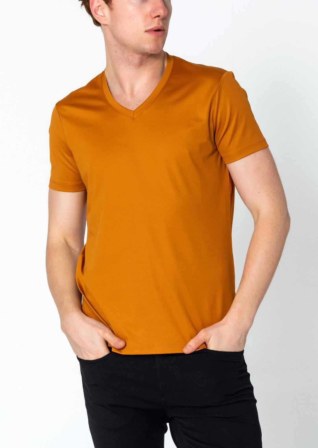 V-neck Fitted Sleeves T-shirt - Mustard