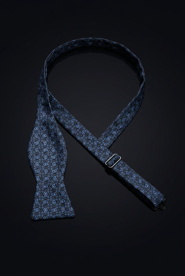 Self-Tie Bow Tie - Black Blue Paisley - untied