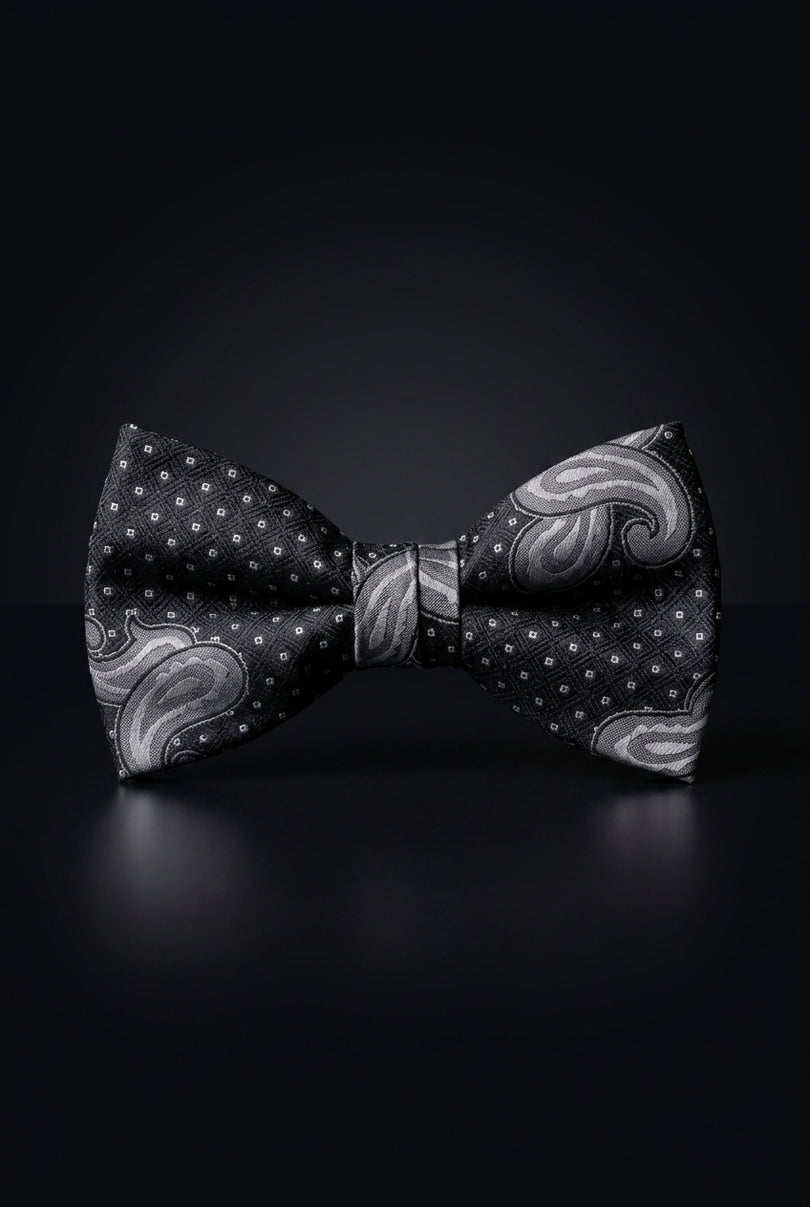 Self-Tie Bow Tie - Black Gray Paisley - front