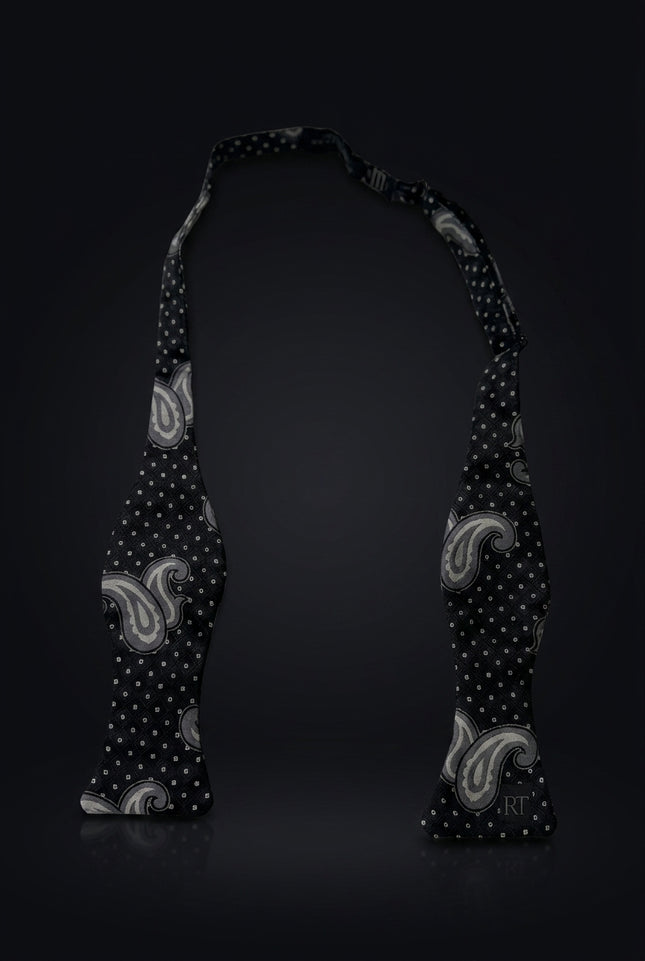 Self-Tie Bow Tie - Black Gray Paisley - untied