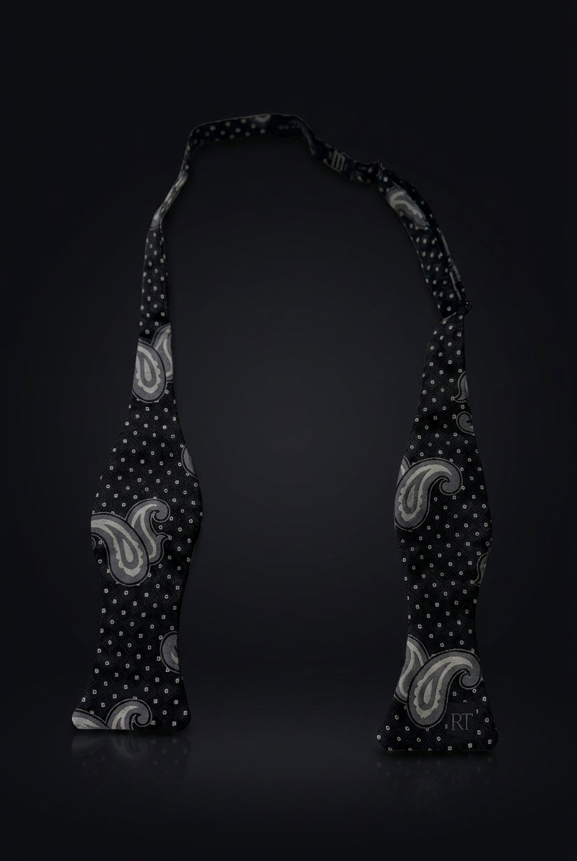 Self-Tie Bow Tie - Black Gray Paisley - untied