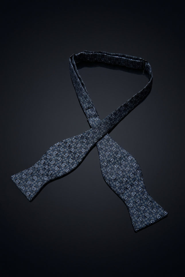 Self-Tie Bow Tie - Dark Blue Paisley - untied